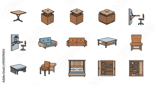 A diverse set of hand-drawn isometric furniture icons for interior design including a sofa bed and desk.