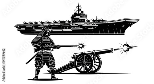 Samurai Warrior with Cannon and Aircraft Carrier - Historical and Modern Warfare Contrast