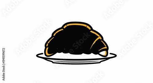 A stylized black croissant with yellow trim rests on a plate
