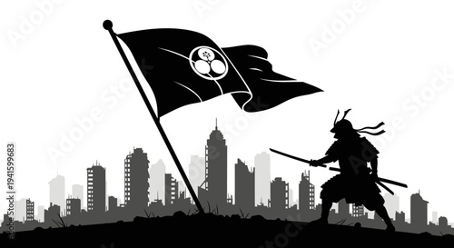 Samurai Warrior with Katana and Japanese Flag Over Ruined City Skyline