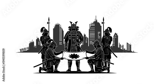 Samurai Warriors Unfurl Banner in Futuristic Cityscape Silhouette