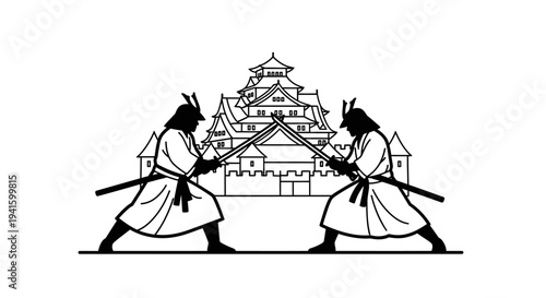 Samurai warriors duel in front of a Japanese castle, symbolizing combat and tradition