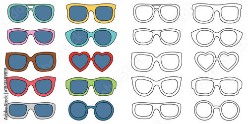 Hand-drawn cartoon and doodle set of sunglasses on a white background.