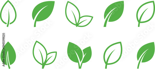 Green Leaf Icon Set Featuring Simple Botanical and Eco Nature Symbols for Organic, Environment, and Sustainability Design