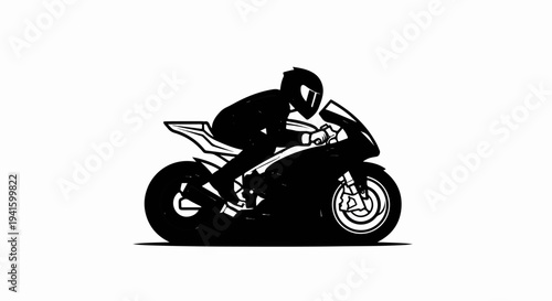 A stylized black silhouette of a person riding a sports motorcycle