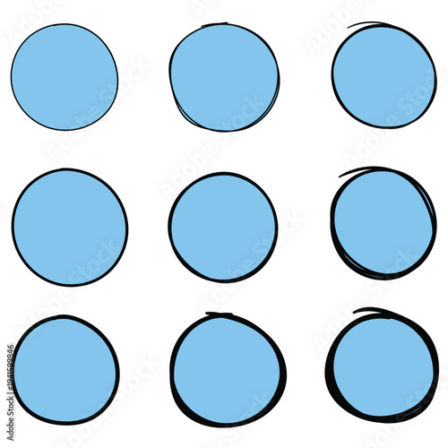 Hand-drawn cartoon set of blue circles on a white background.