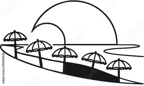 A simplified depiction of a sunny day at the beach with umbrellas and a breaking wave