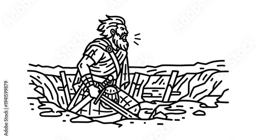 Scottish Warrior in Trench, Kilt, Sword, Shouting, Historical Battle Scene