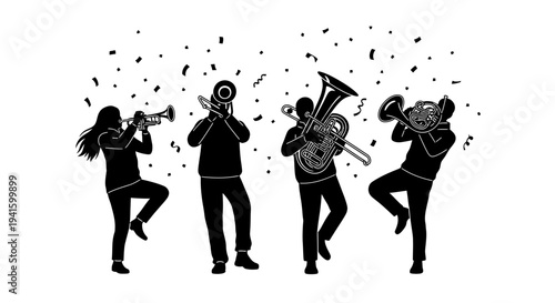 Silhouette brass band playing music with confetti falling, festive celebration