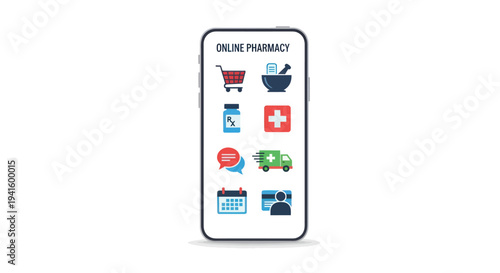 Smartphone displaying online pharmacy app with medical service icons.