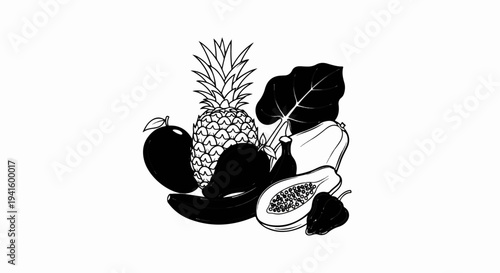 A stylized collection of diverse tropical fruits and dark green leaves