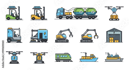 A colorful collection of modern flat icons representing logistics transport and industrial machinery.