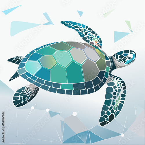Geometric Sea Turtle Illustration in Teal and Blue Hues
