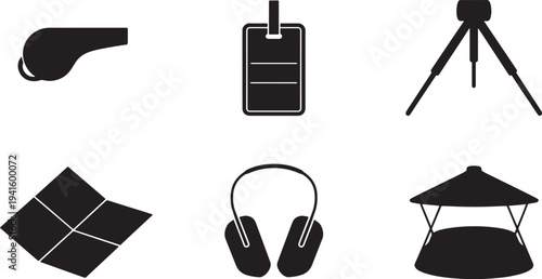Outdoor gear icons whistle lanyard tripod headphones map bird feeder vector