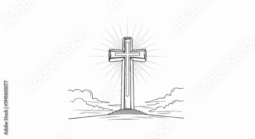 A stylized cross stands on a tiered platform with radiating lines
