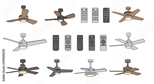 Collection of modern ceiling fans and remote controls in various styles and colors.