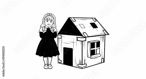 A smiling girl in a dress and overalls stands beside a small, simple house