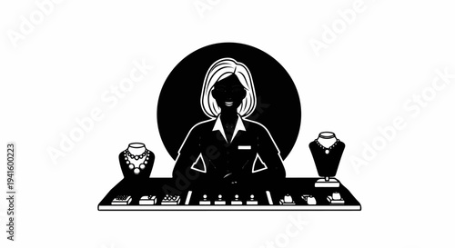 A smiling vendor stands behind a jewelry display with necklaces