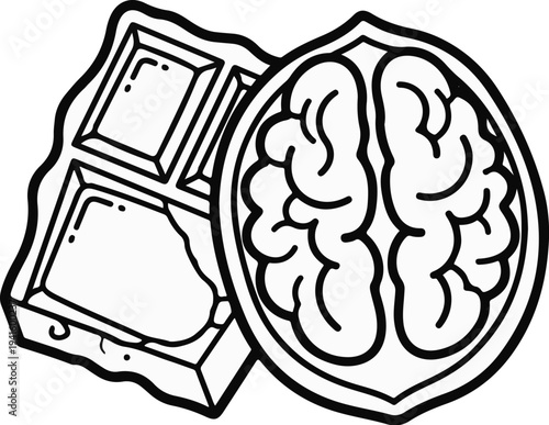 A stylized chocolate bar beside a halved walnut resembling a brain