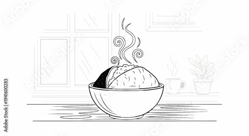 A steaming bowl of food sits on a wooden surface by a window