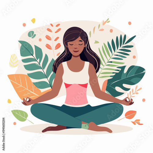 Mindful Woman Meditating Peacefully Amidst Natural Botanical Elements