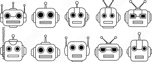 Cute Robot Head Icon Set with Artificial Intelligence Character Faces for Chatbot Technology, Automation Systems, Digital Assistants, and Futuristic AI Interface Design