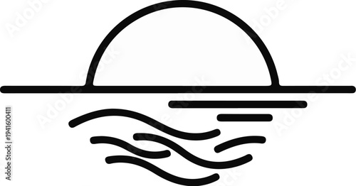 A minimalist icon depicts a setting sun over calm ocean waves