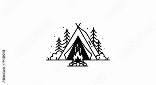 A minimalist illustration depicts a campsite with a tent and campfire