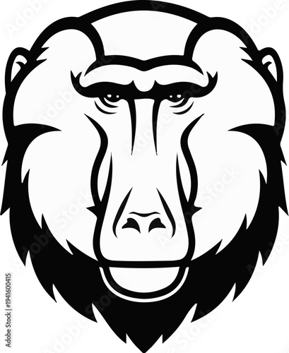 A striking black and white graphic illustration of a powerful baboon's face