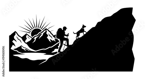 Hiker and dog ascending mountain silhouette sun and landscape illustration