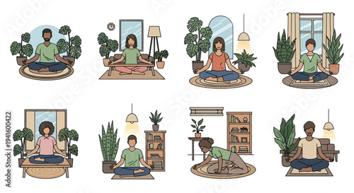 Diverse People Meditating in Various Indoor Settings Relaxing.