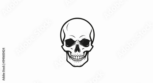 A stark black and white graphic of a human skull with empty eye sockets