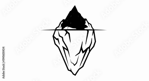 A stark black and white illustration depicts an iceberg with a sharp peak above water