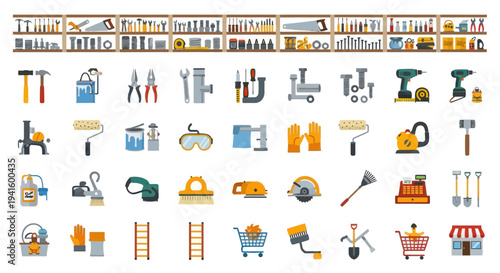 Comprehensive icon set of construction repair and DIY hardware tools in a flat colorful style.
