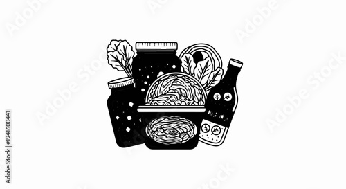 A minimalist illustration of fermented foods in jars and bottles with greens