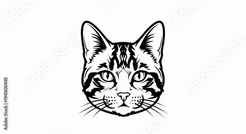A striking black and white illustration of a cat's face