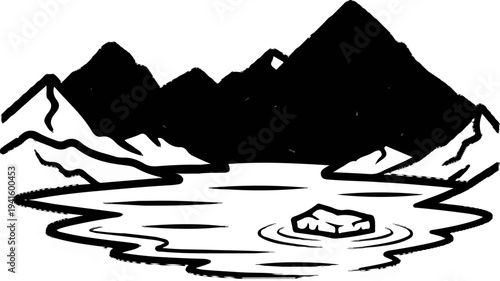 A minimalist illustration of jagged mountain peaks above a reflective body of water with a floating ice floe