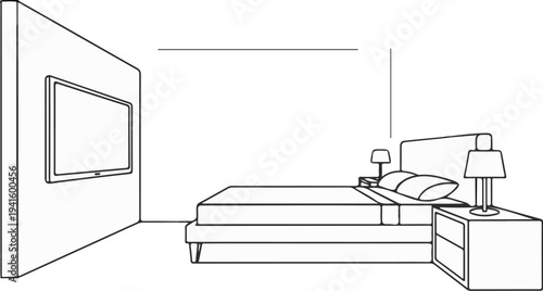 A minimalist line drawing depicts a bedroom scene with a wall-mounted television and a bed