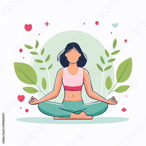 Woman practicing yoga meditation in lotus pose surrounded by nature