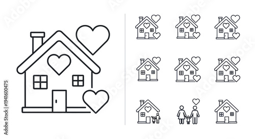 Outline House with Hearts Icon Set Representing Love and Home.
