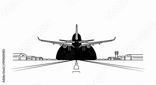 A stark black and white illustration shows an airplane from behind on a runway