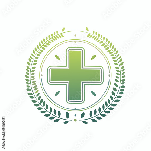 Green cross medical emblem with laurel wreath, healthcare symbol