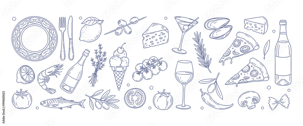 Fototapeta premium Mediterranean lunch and dinner doodle icons. Pasta, olive, pizza, cheese, tomato and more. Vector illustration isolated on white background