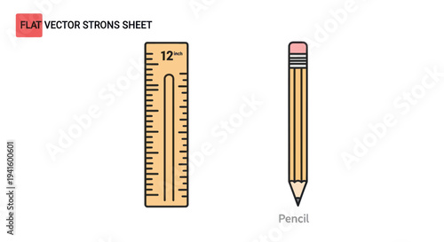 School supplies icon set featuring a 12-inch wooden ruler and a sharpened pencil.