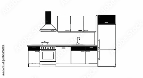A modern kitchen unit with appliances, cabinets, sink, and refrigerator