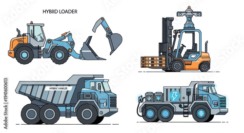 Illustrated Collection of Various Heavy-Duty Construction Vehicles.