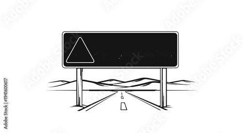 A stark, hand-drawn scene of a highway leading to distant mountains under a blank sign