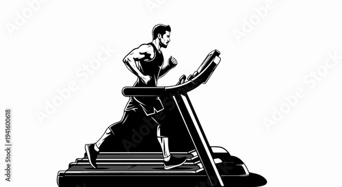 A monochrome illustration of a fit man running on a treadmill