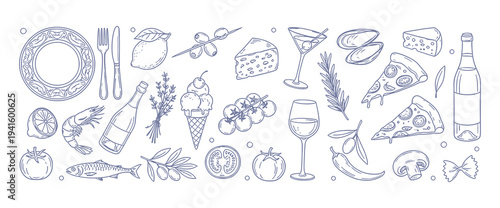 Mediterranean lunch and dinner doodle icons. Pasta, olive, pizza, cheese, tomato and more. Vector illustration isolated on white background