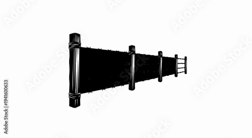 A stark, high-contrast woodcut illustration of a barbed wire fence stretching into the distance